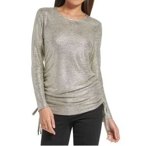 Calvin Klein Gold Metallic Ruched Side Tie Long Sleeve Top Sz 3X Career Office